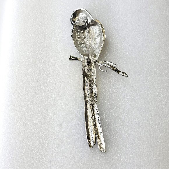 Huge Tropical Parrot Bird Blue Green Guilloche Enamel Rhinestones Brooch - Picture 8 of 16